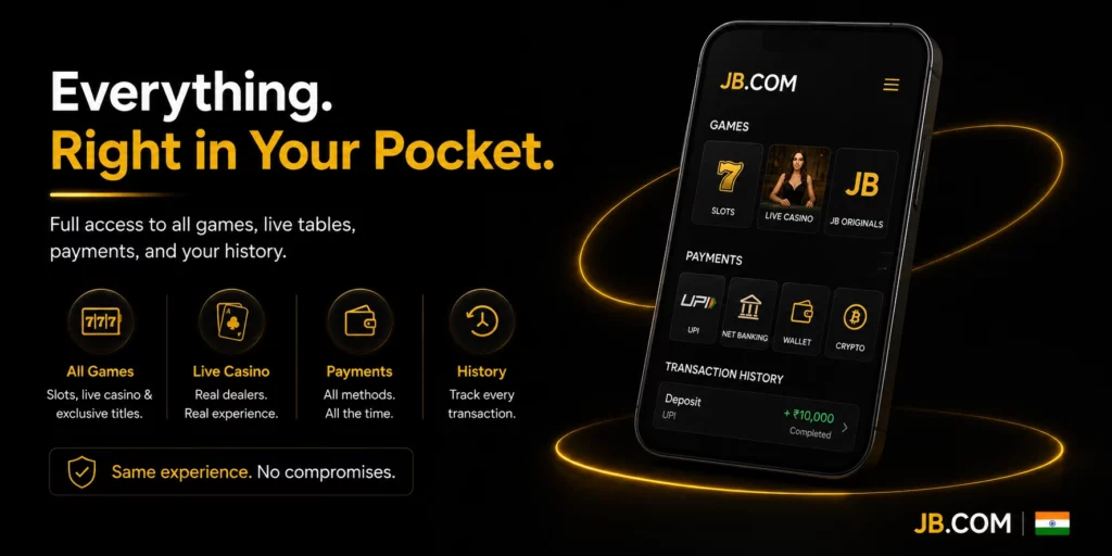 JB.COM mobile casino platform with games, payments and transaction history for India